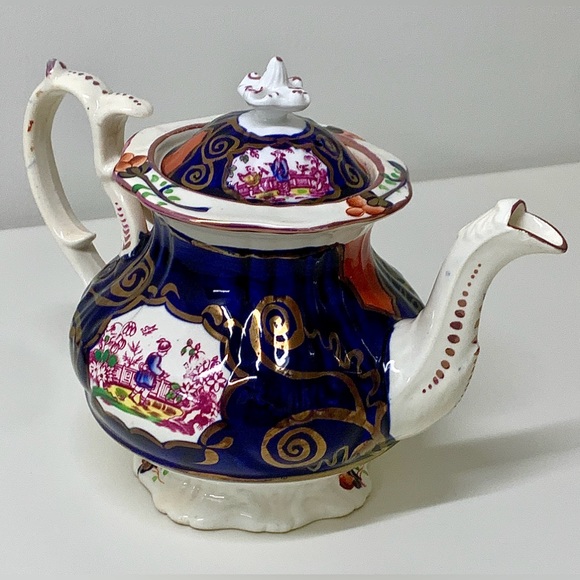 1830s Vintage Gaudy Welsh CHINOISSERIE Pattern Finial Lidded Lustre Teapot - Picture 12 of 16